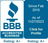Better Business Bureau accreditation badge showing an A+ rating since 2010