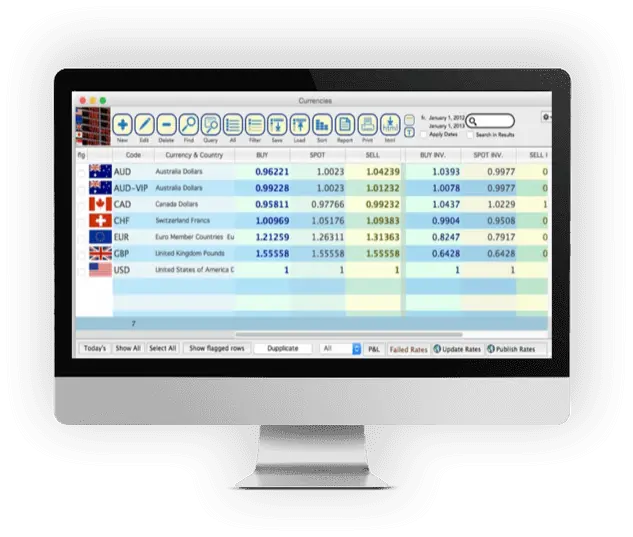CurrencyXchanger desktop interface showing real-time exchange rates for major currencies.