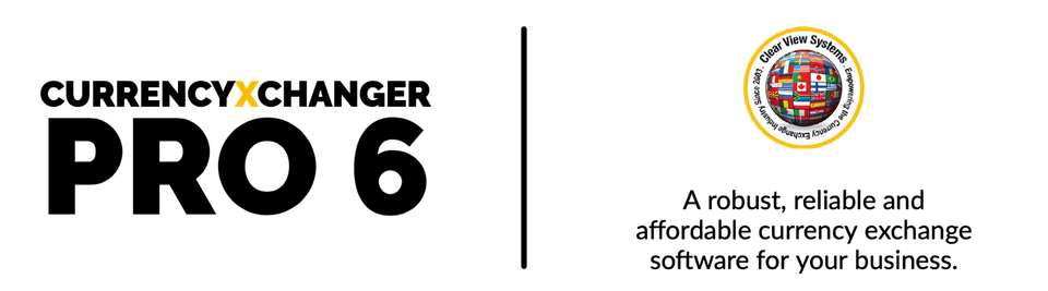 CurrencyXchanger PRO 6 branding with Clear View Systems seal and product tagline.